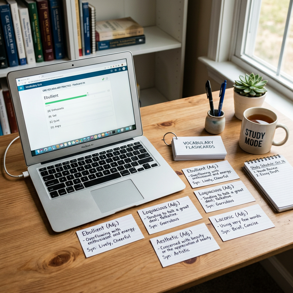 Laptop showing vocabulary quiz with flashcards and a coffee mug on a wooden desk