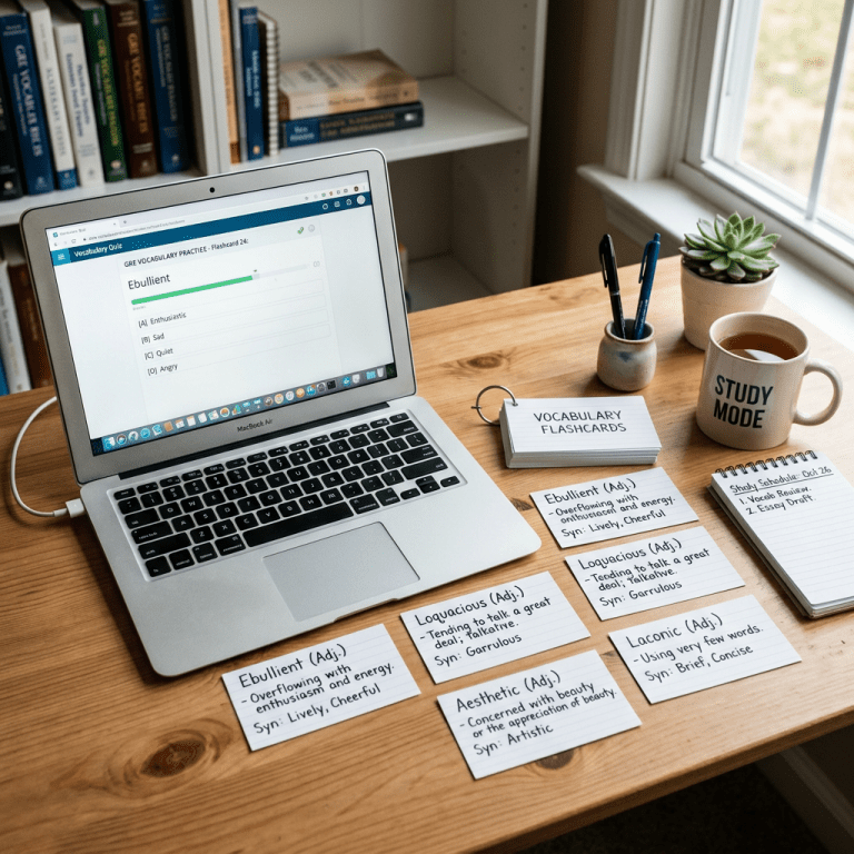 Laptop showing vocabulary quiz with flashcards and a coffee mug on a wooden desk