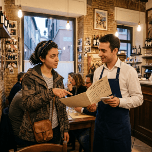 Customer pointing at menu while waiter takes order in Italian restaurant