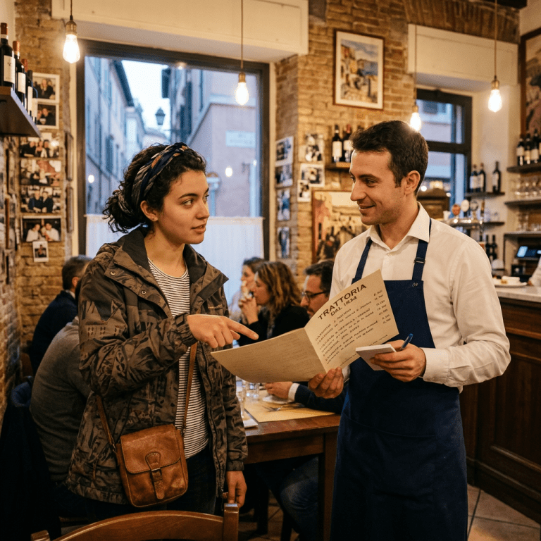 Customer pointing at menu while waiter takes order in Italian restaurant