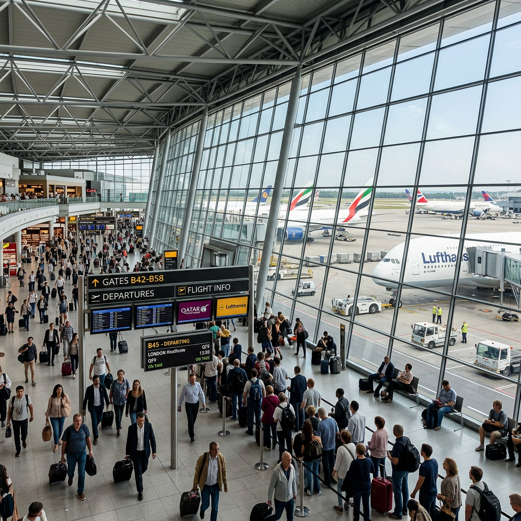Crowded airport terminal with passengers walking and queuing near departure gates and commercial aircraft outside