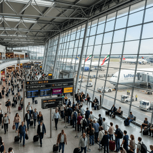 Crowded airport terminal with passengers walking and queuing near departure gates and commercial aircraft outside