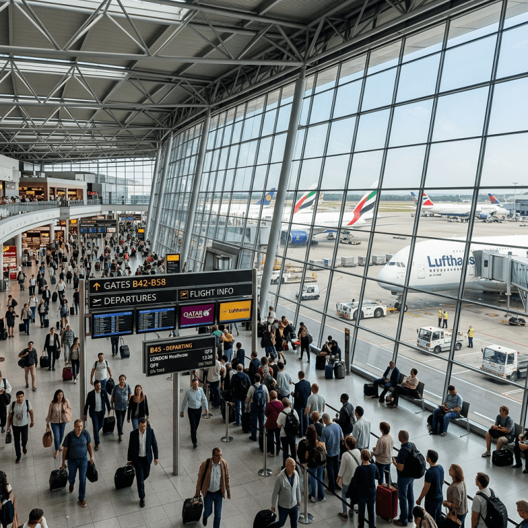 Crowded airport terminal with passengers walking and queuing near departure gates and commercial aircraft outside