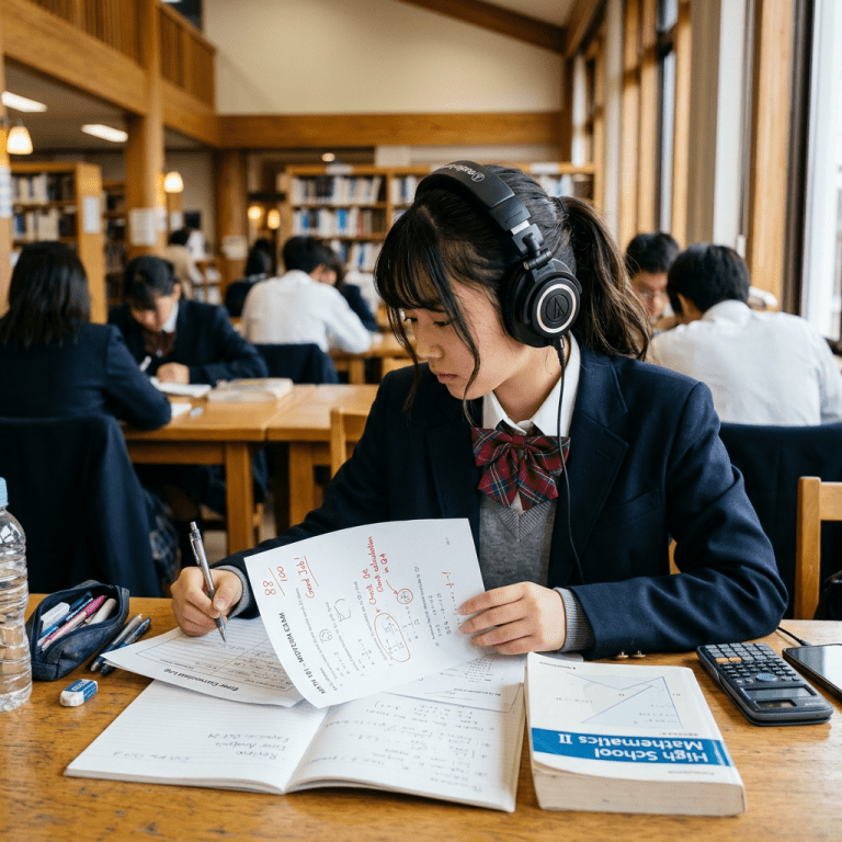 High school student studying math with headphones in a library