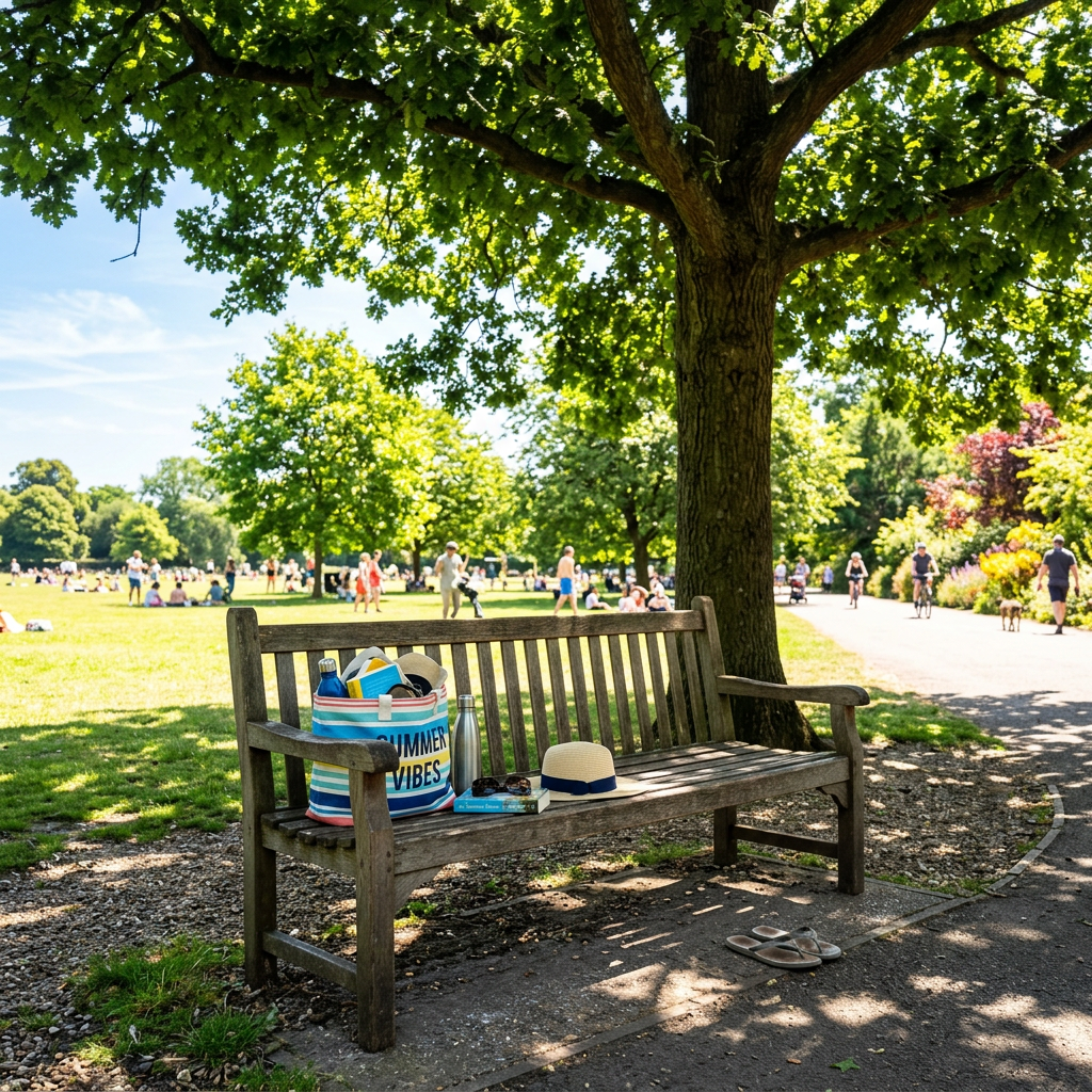 Wooden bench with beach bag, hat, sunglasses, water bottle, and book under a tree in a sunny park