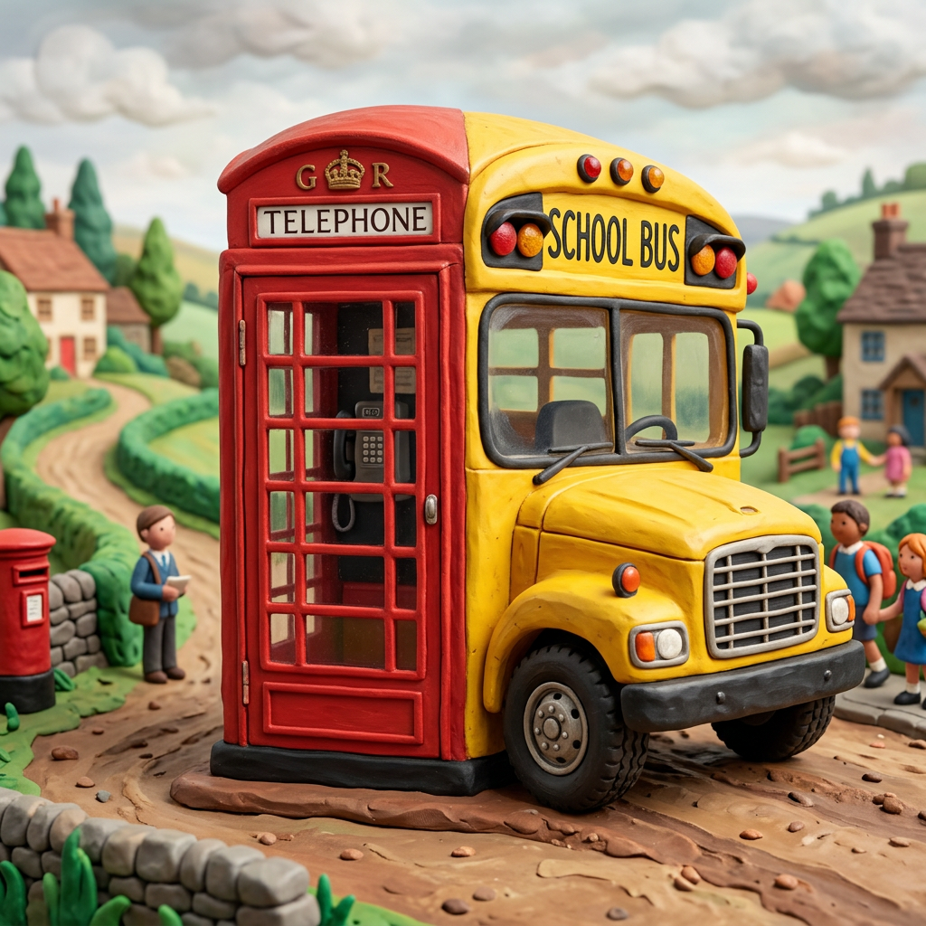 A yellow school bus merged with a red British telephone booth on a rural road with people around