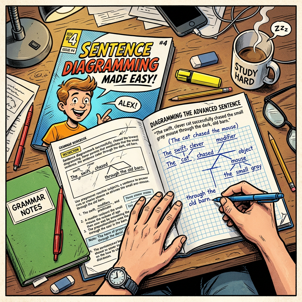 Hands diagramming sentences in a workbook with related study materials on a wooden desk