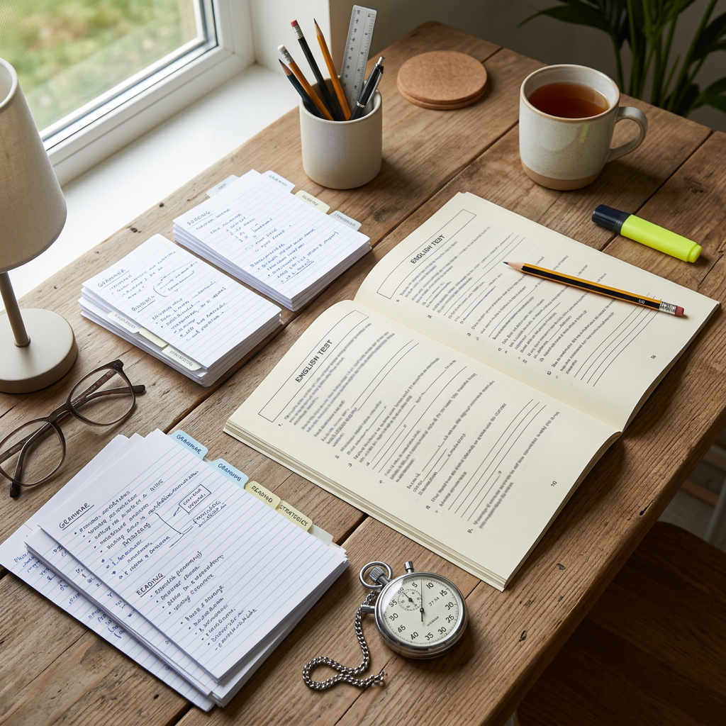 Open English test book, handwritten notes, pencils, tea, glasses, and pocket watch on desk