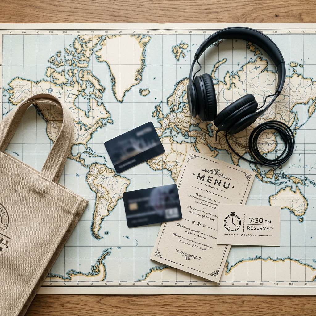 World map with headphones, tote bag, cards, menu, and 7:30 PM reservation