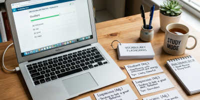 Laptop showing vocabulary quiz with flashcards and a coffee mug on a wooden desk