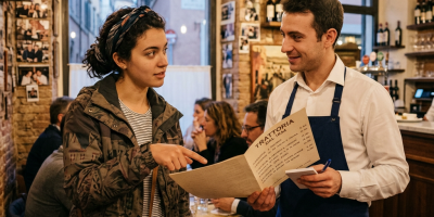 Customer pointing at menu while waiter takes order in Italian restaurant