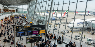 Crowded airport terminal with passengers walking and queuing near departure gates and commercial aircraft outside