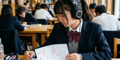 High school student studying math with headphones in a library