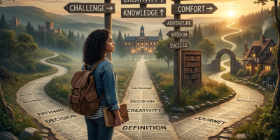 Young woman standing at crossroads with signposts showing ambition, purpose, security, and other values