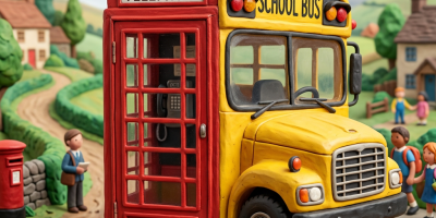 A yellow school bus merged with a red British telephone booth on a rural road with people around