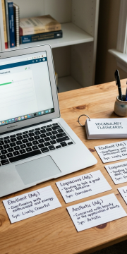 Laptop showing vocabulary quiz with flashcards and a coffee mug on a wooden desk