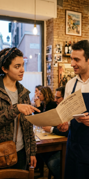 Customer pointing at menu while waiter takes order in Italian restaurant