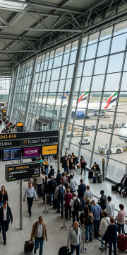 Crowded airport terminal with passengers walking and queuing near departure gates and commercial aircraft outside
