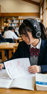 High school student studying math with headphones in a library