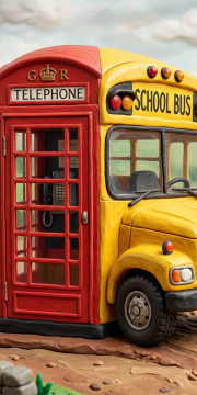 A yellow school bus merged with a red British telephone booth on a rural road with people around
